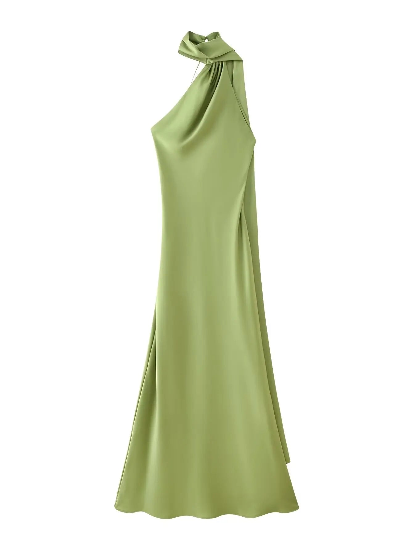 Green Satin Halter Maxi Dress Backless