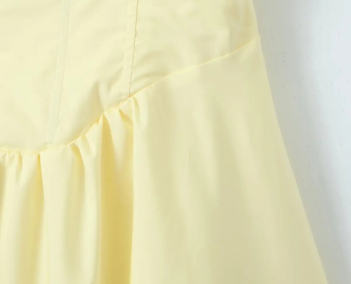 Fishbone Waist Yellow Mini Dress Lace-Up Back