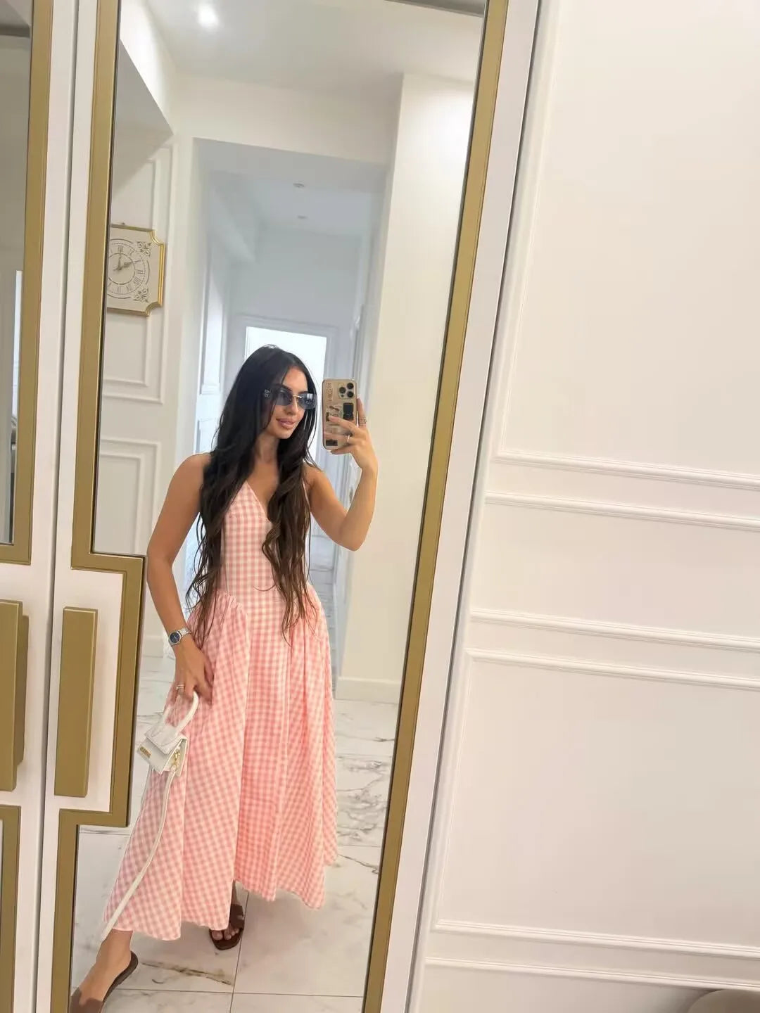 Pink Plaid Halter Dress Backless Low Waist