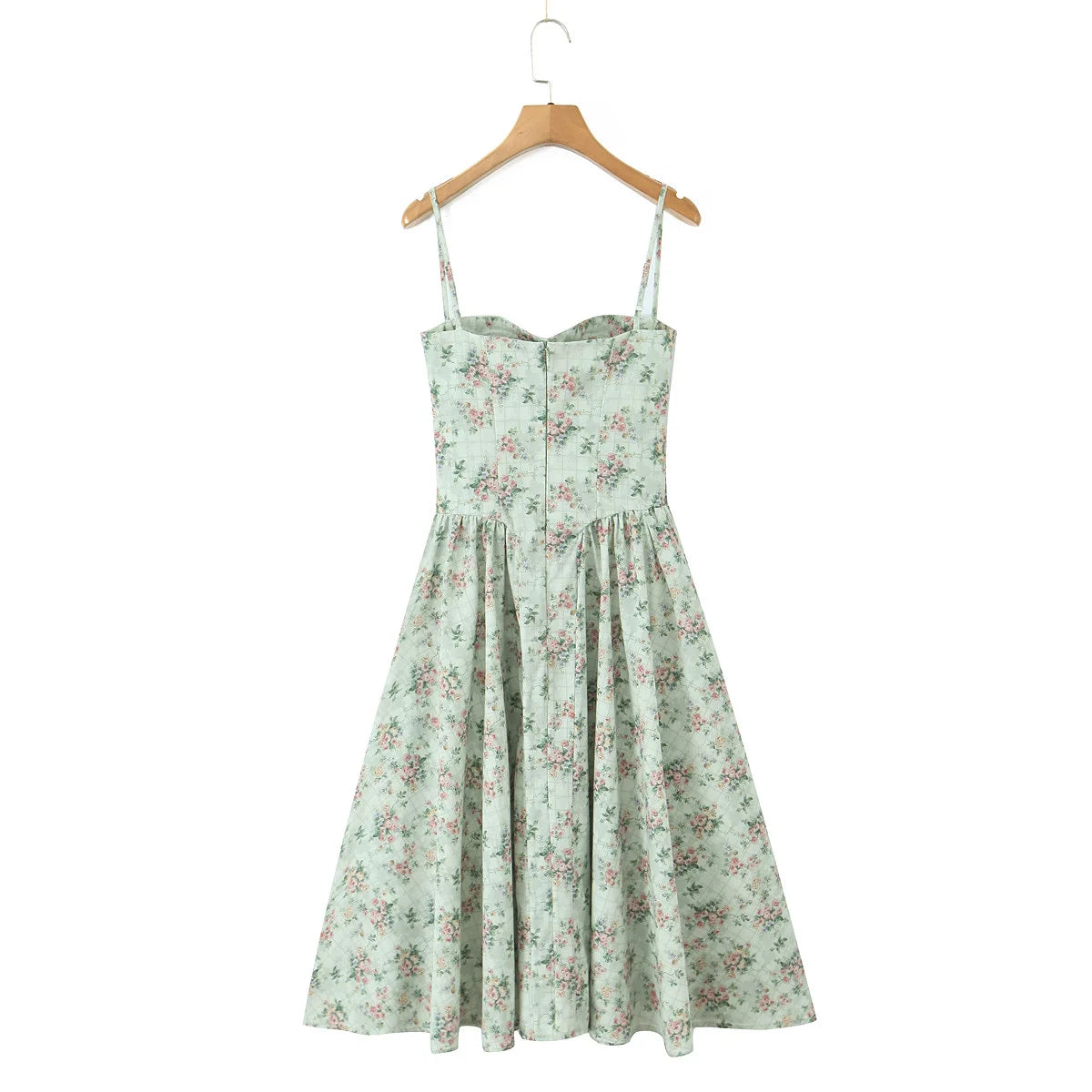 Green Floral Midi Dress Spaghetti Strap Low Waist