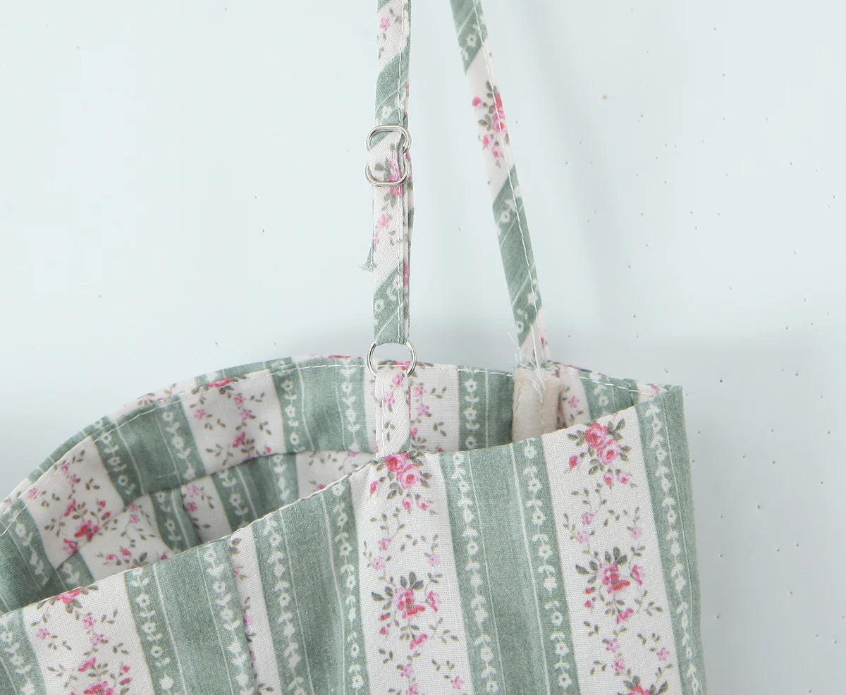 Green Striped Floral Midi Dress Spaghetti Strap