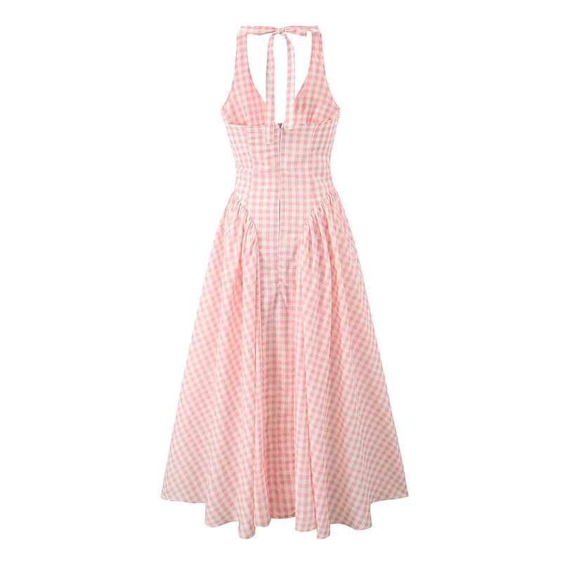 Pink Plaid Halter Dress Backless Low Waist
