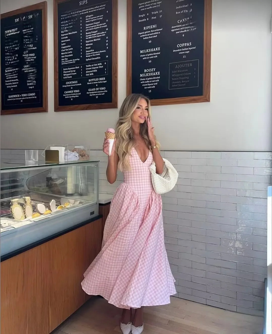 Pink Plaid Halter Dress Backless Low Waist