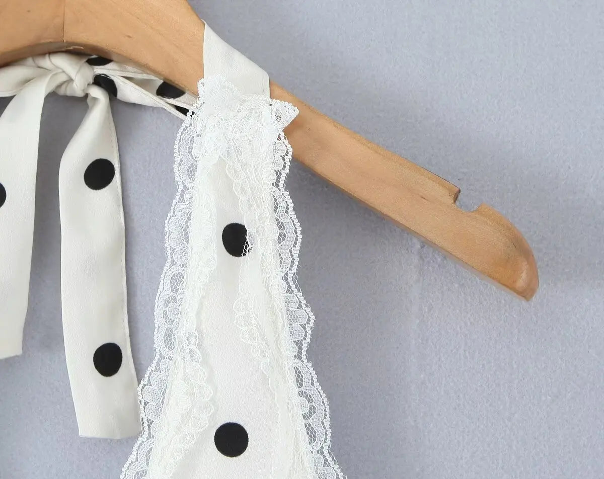 Lace Polka Dot Halter Mini Dress Backless