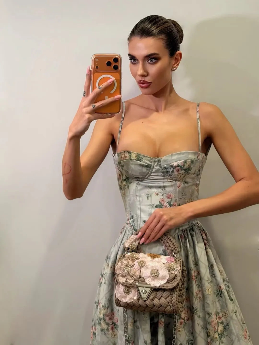 Green Floral Midi Dress Spaghetti Strap Low Waist