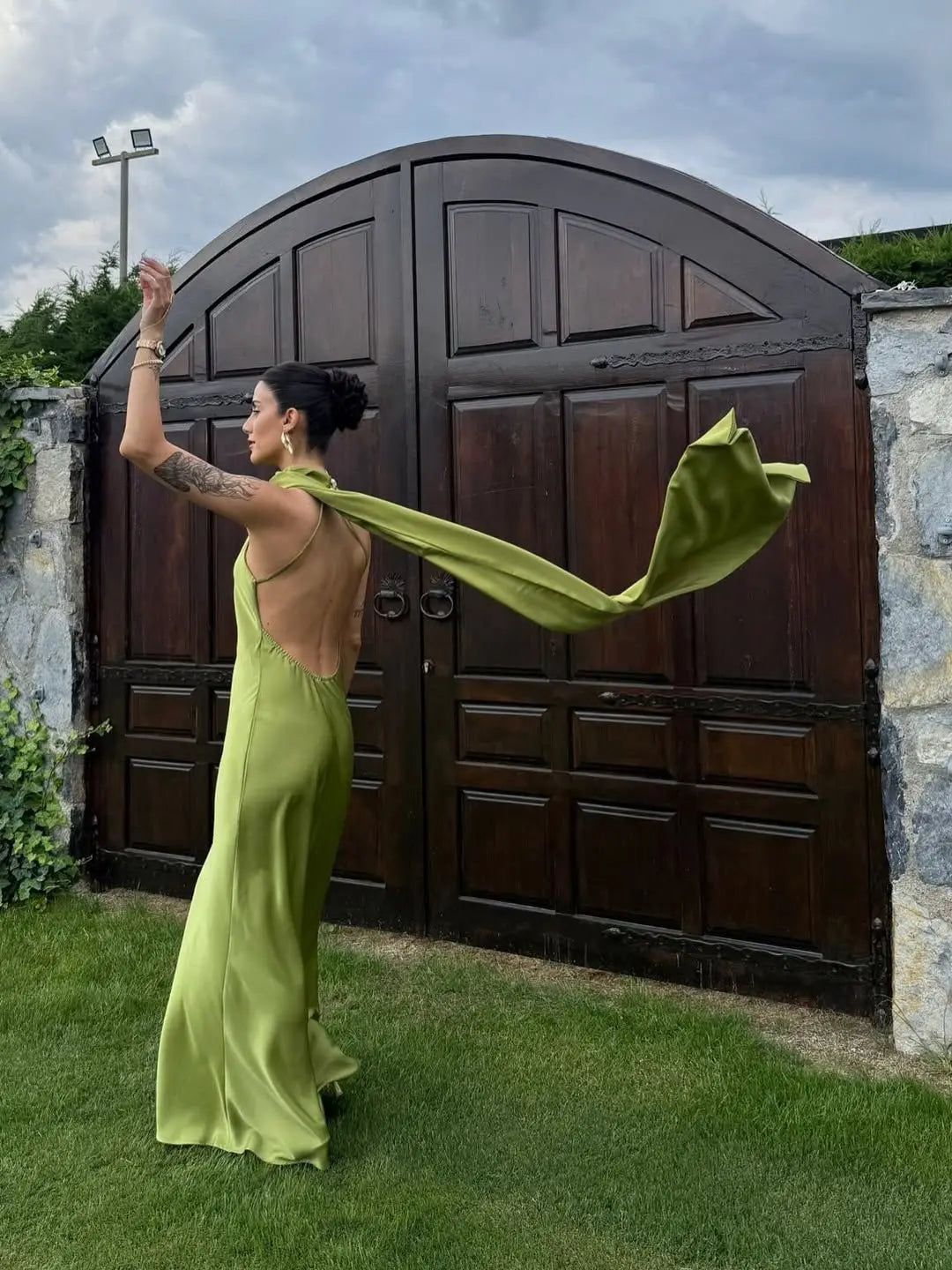 Green Satin Halter Maxi Dress Backless