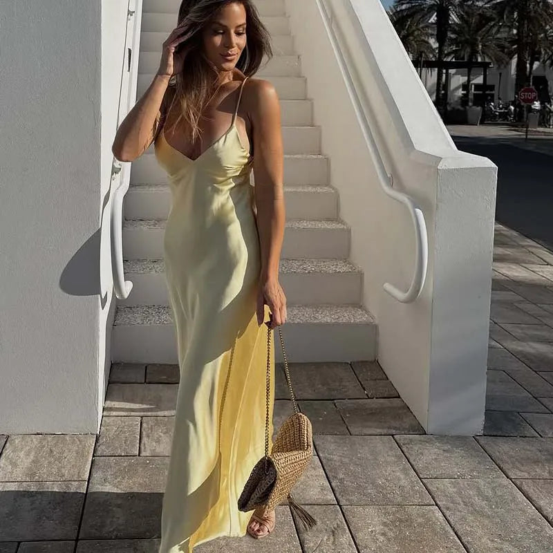 Robe Satin Jaune Chic