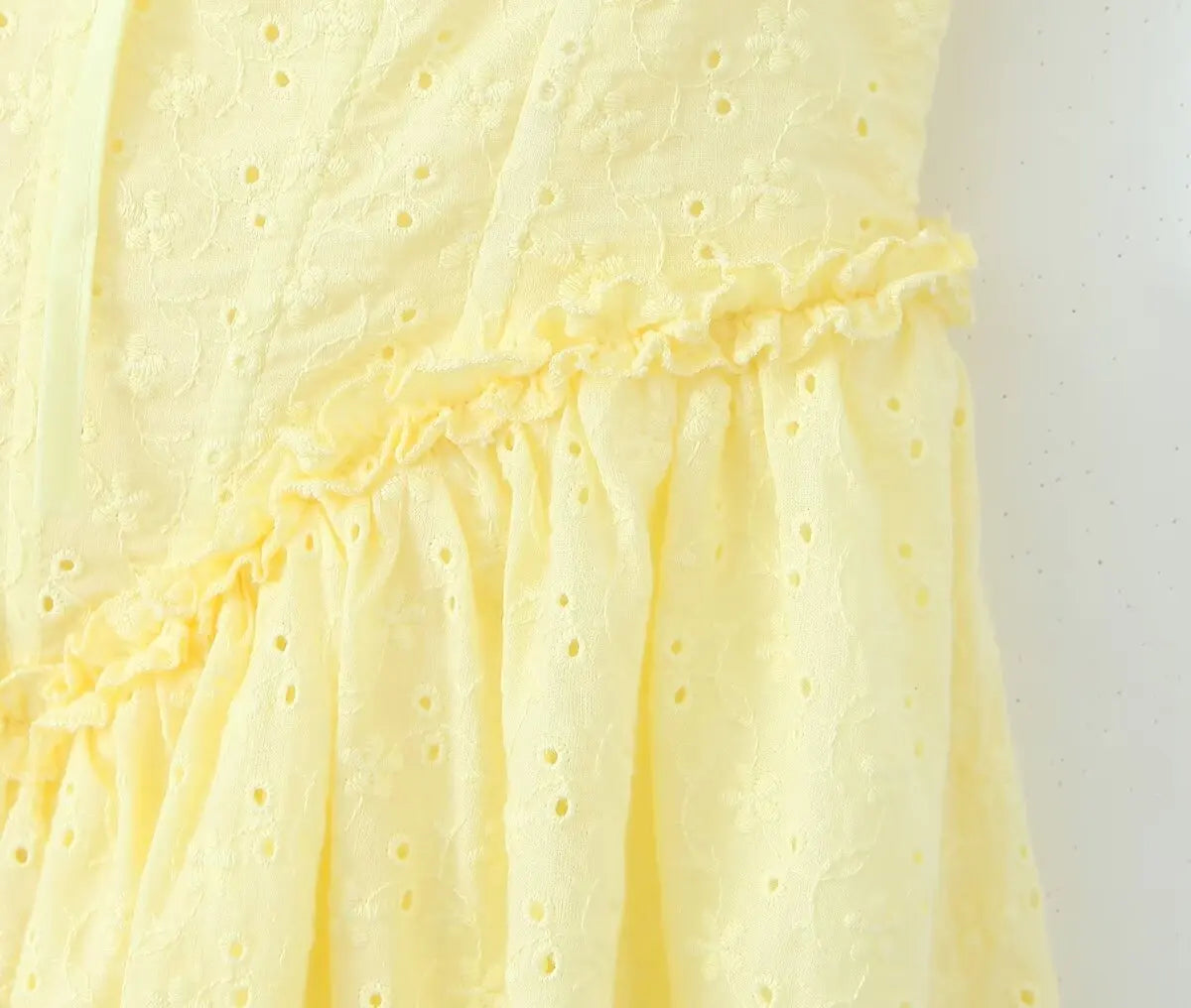 Yellow Embroidered Mini Dress Lace-Up Low Waist