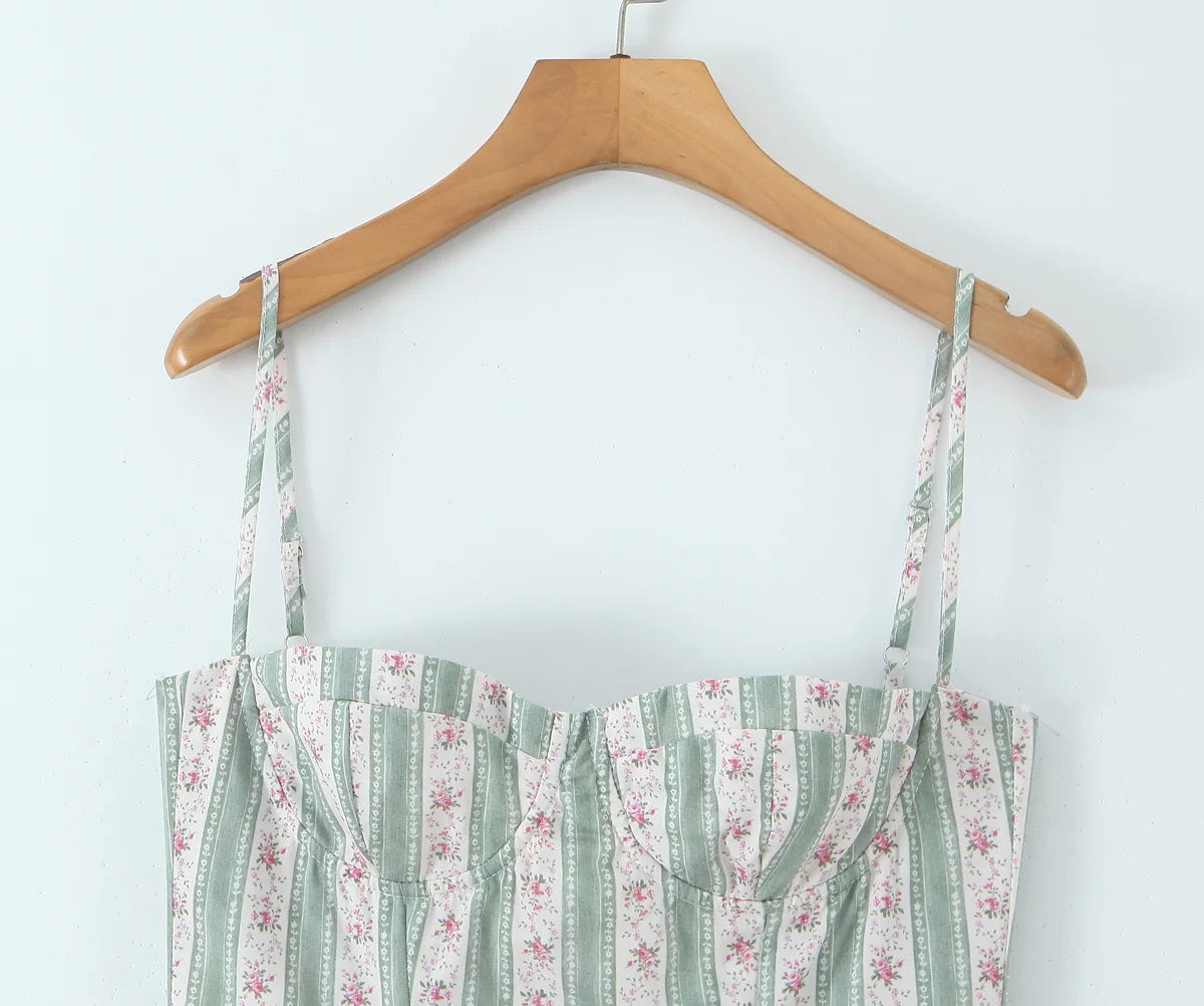 Green Striped Floral Midi Dress Spaghetti Strap