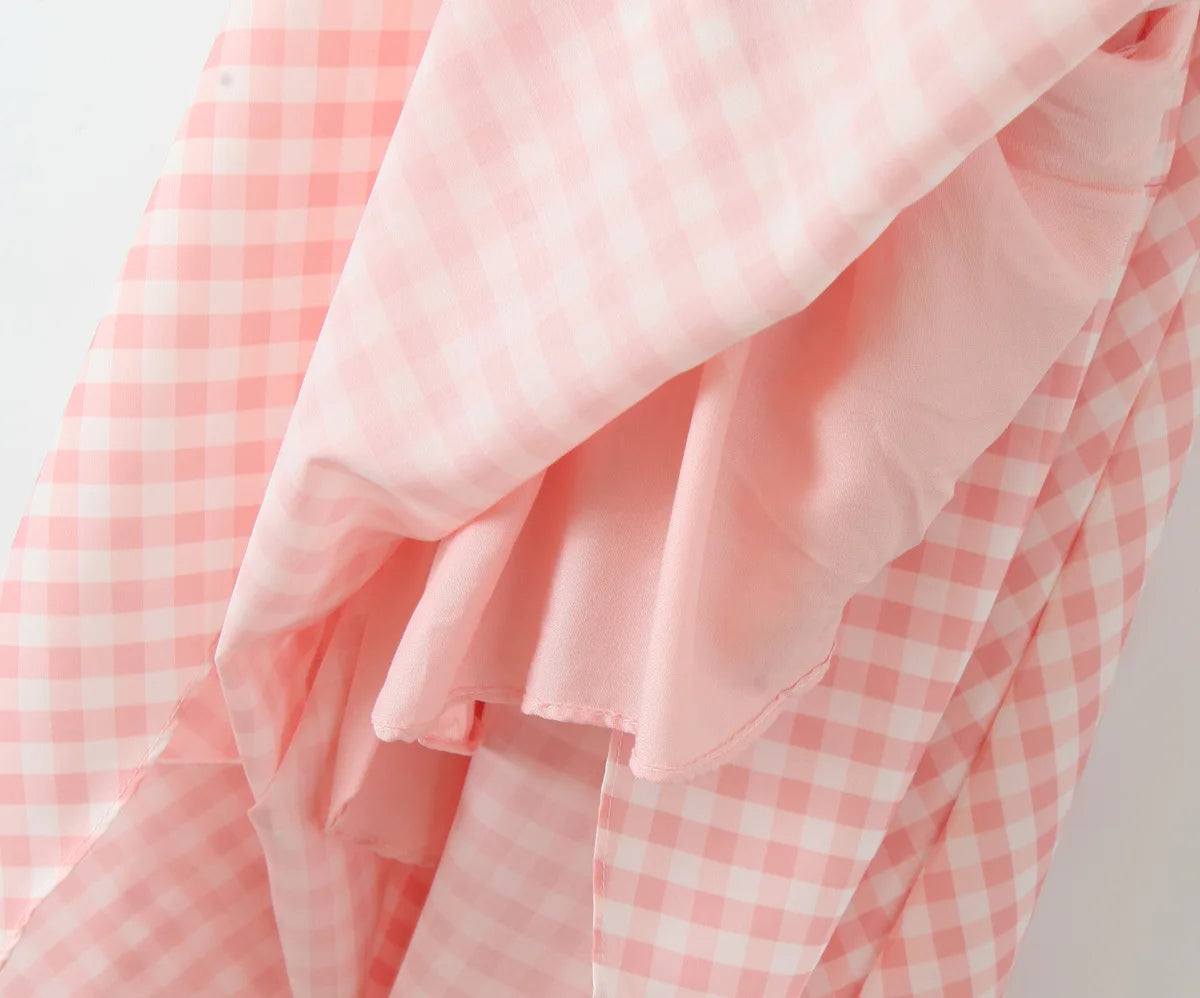 Pink Plaid Halter Dress Backless Low Waist