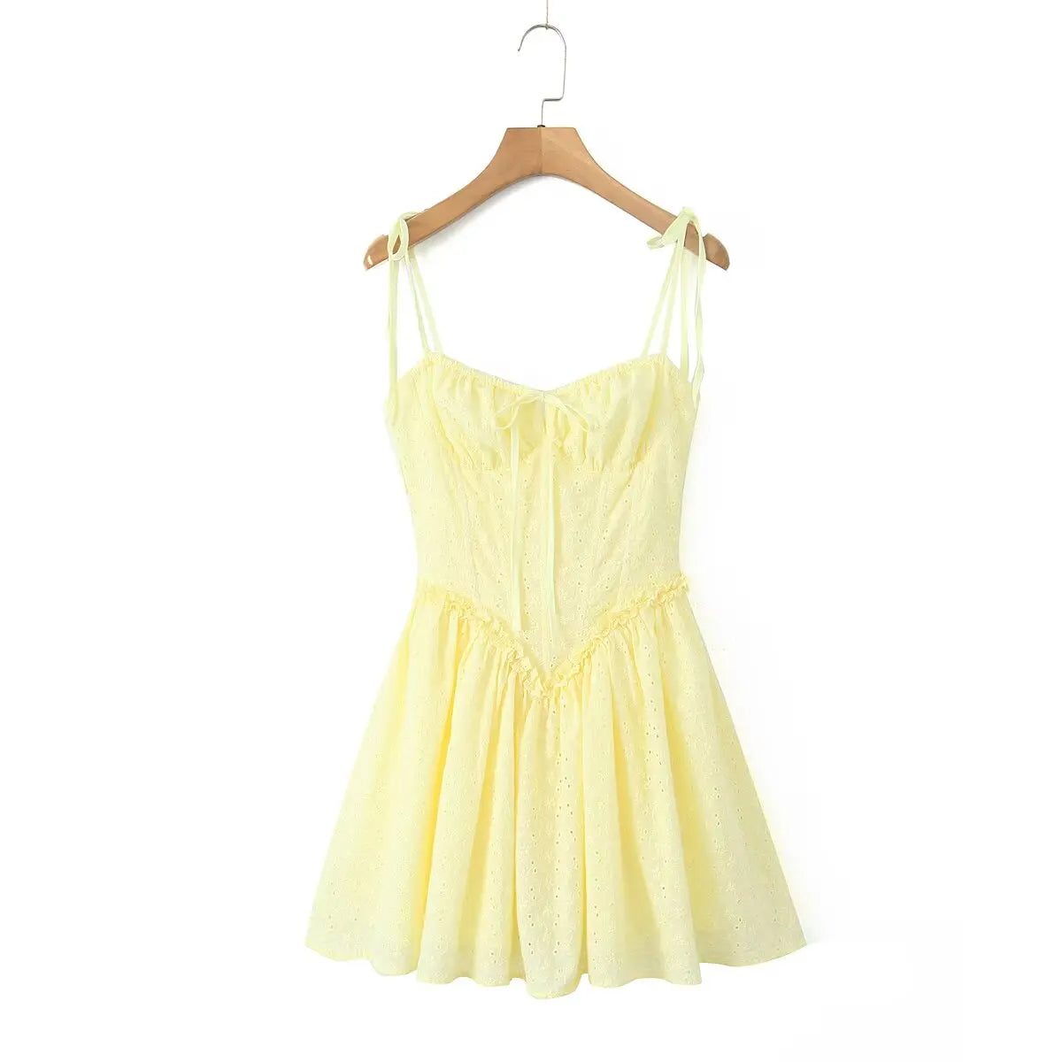 Yellow Embroidered Mini Dress Lace-Up Low Waist