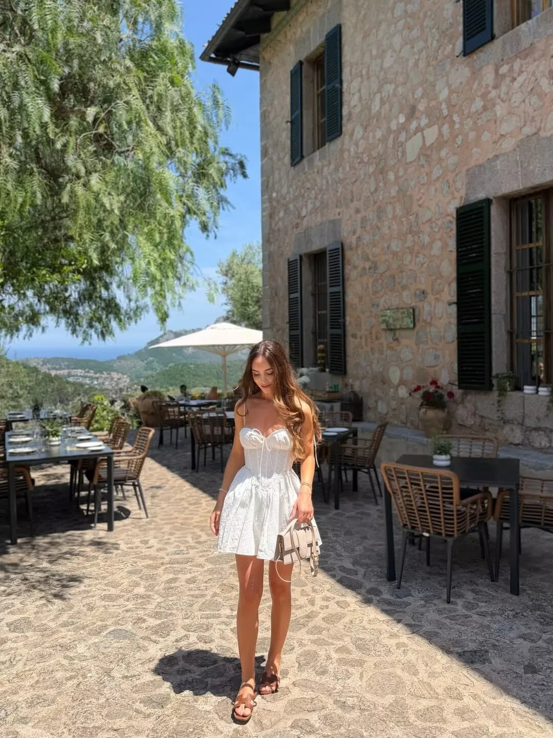 Yellow Embroidered Mini Dress Lace-Up Low Waist