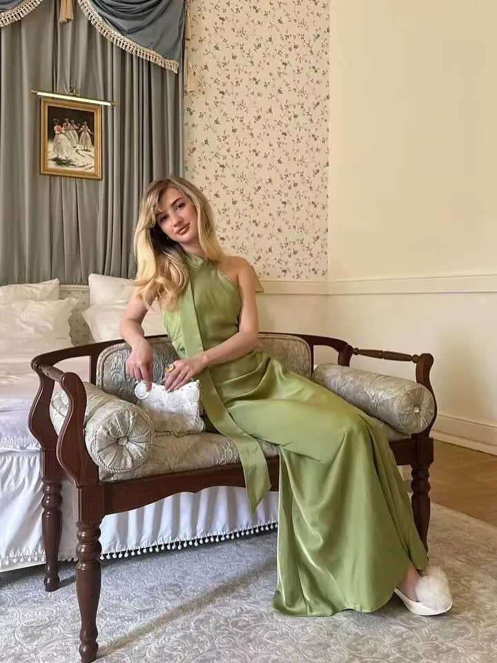 Green Satin Halter Maxi Dress Backless