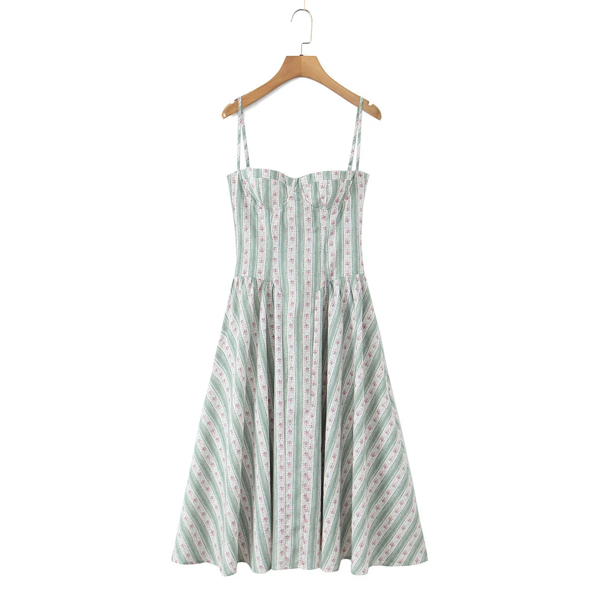 Green Striped Floral Midi Dress Spaghetti Strap
