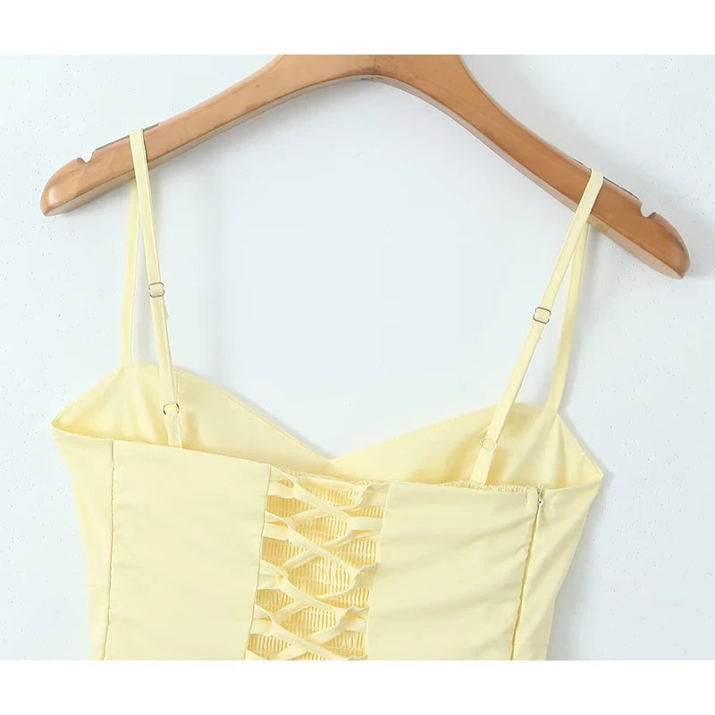 Fishbone Waist Yellow Mini Dress Lace-Up Back