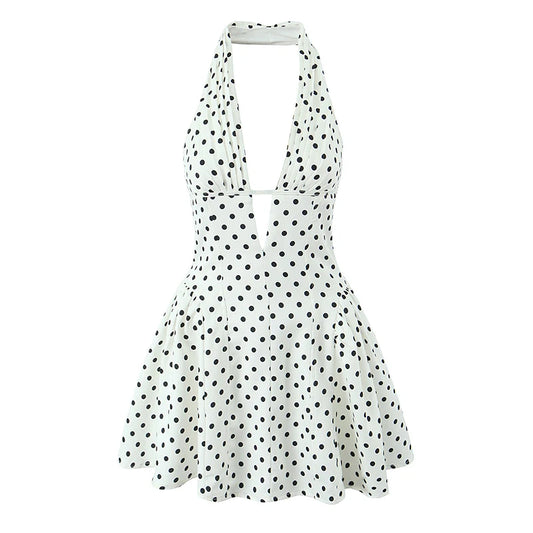Polka Dot Halter Dress Backless A-Line Mini