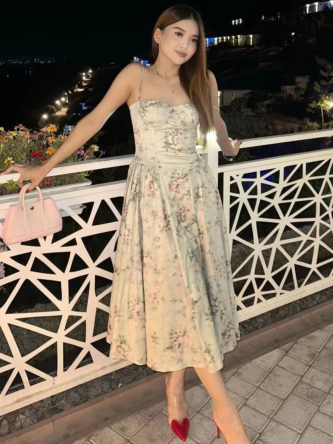 Green Floral Midi Dress Spaghetti Strap Low Waist