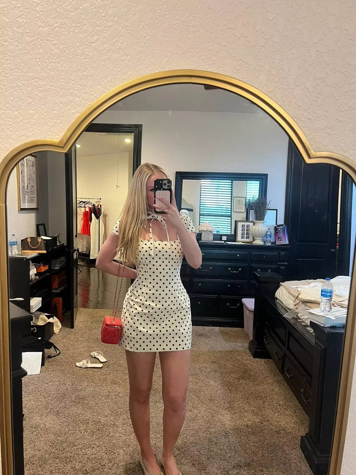Bow Tie Polka Dot Mini Dress Short Sleeve