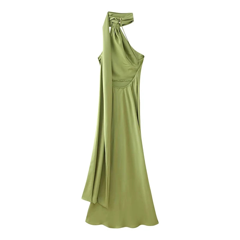 Green Satin Halter Maxi Dress Backless