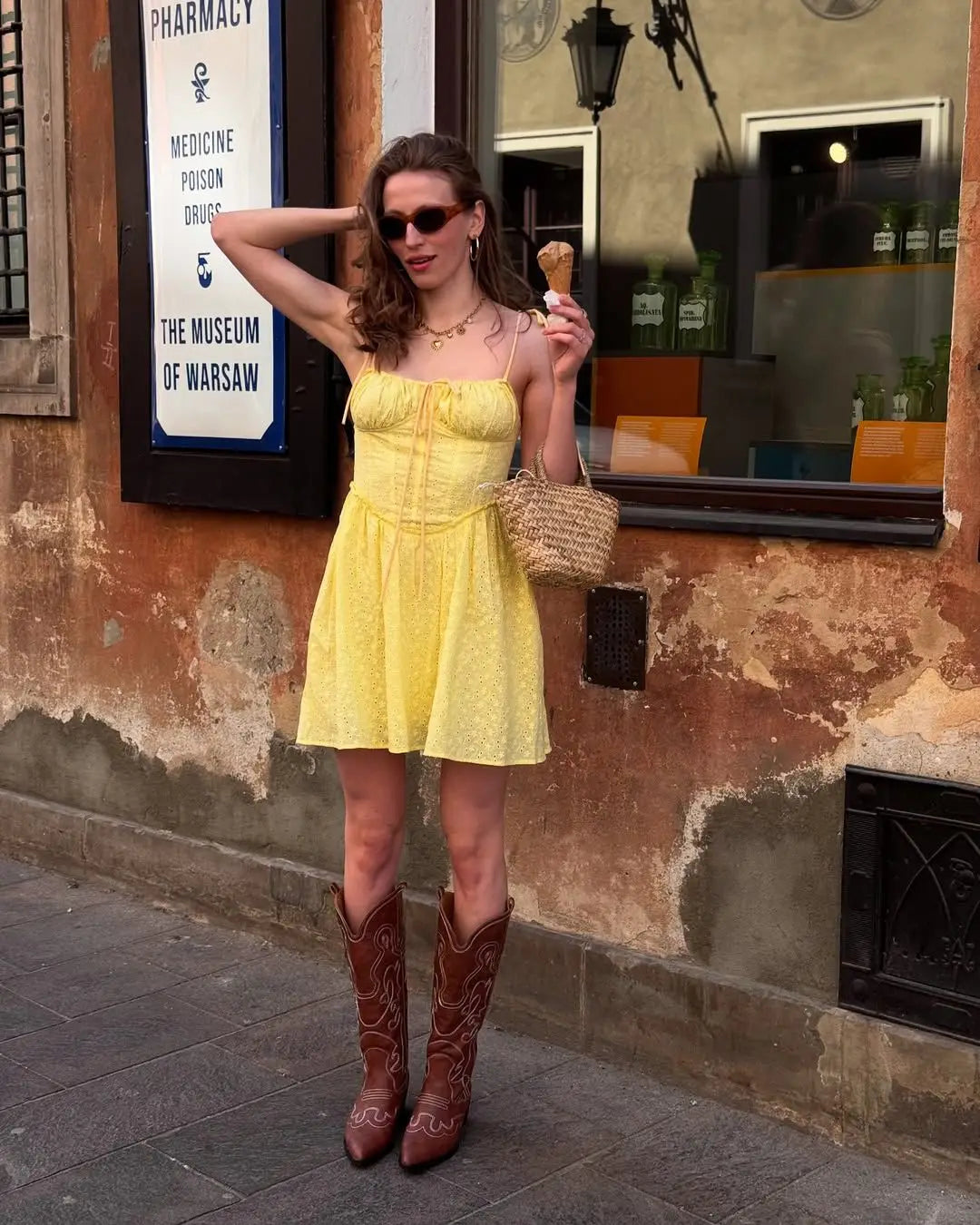 Yellow Embroidered Mini Dress Lace-Up Low Waist