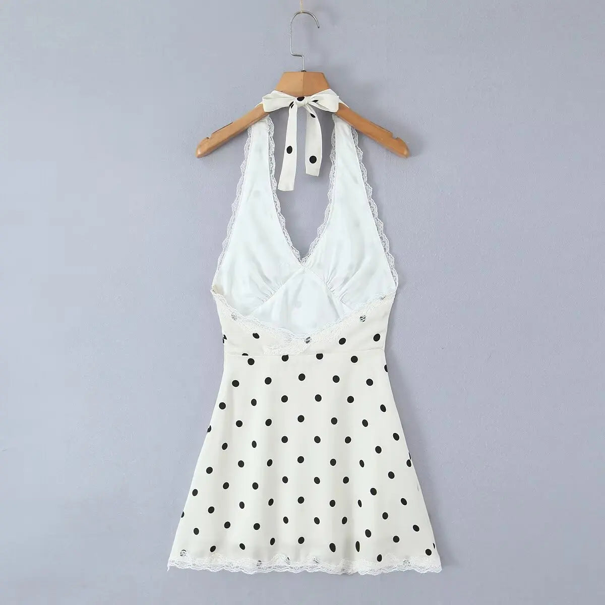 Lace Polka Dot Halter Mini Dress Backless