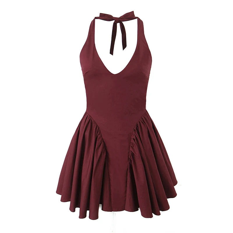Halter Mini Dress - Backless Pleated Swing Party Short Dress
