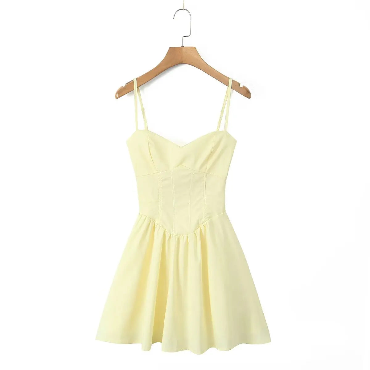 Fishbone Waist Yellow Mini Dress Lace-Up Back