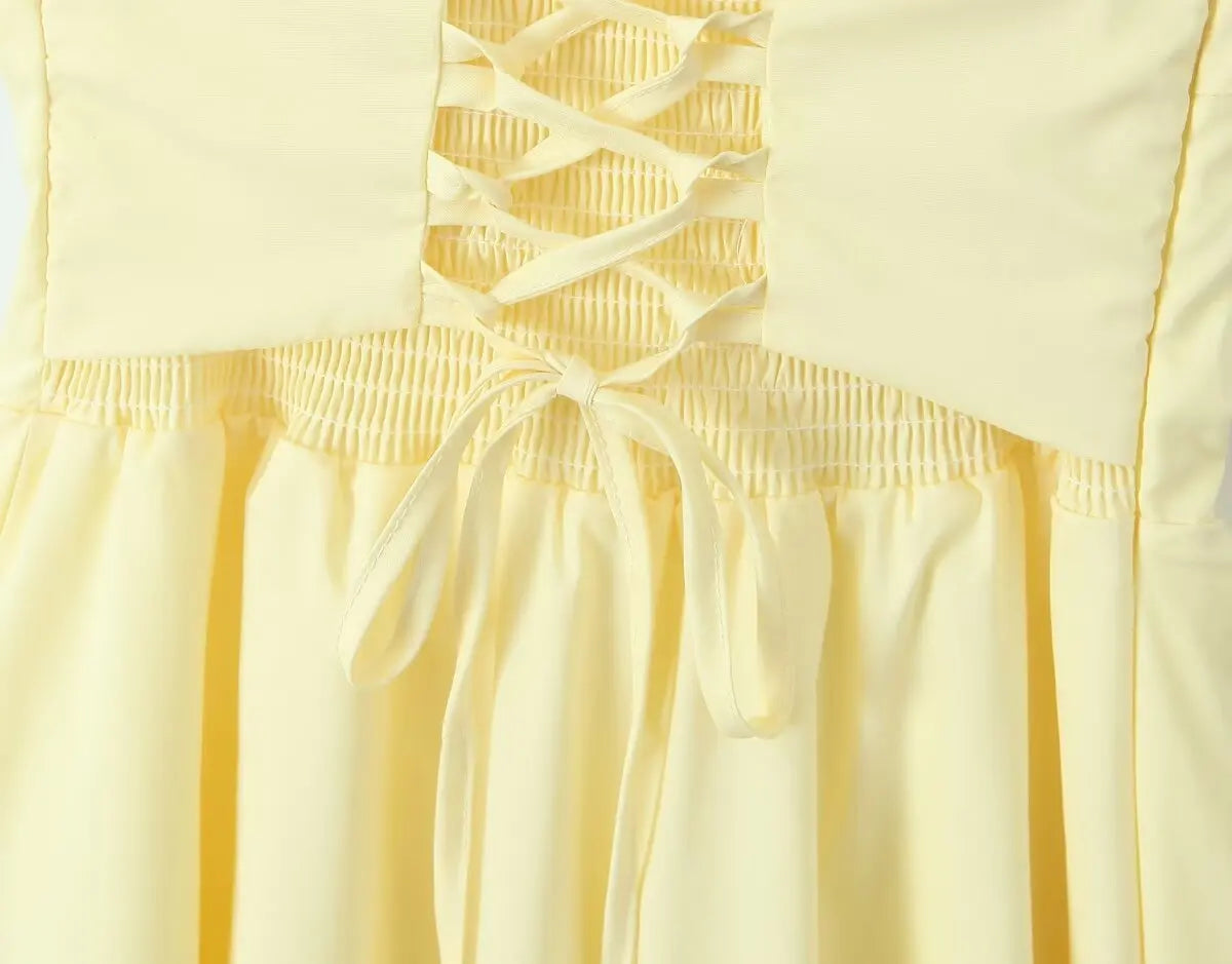 Fishbone Waist Yellow Mini Dress Lace-Up Back