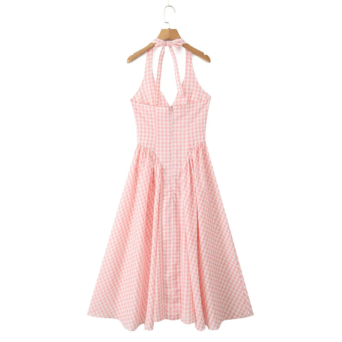 Pink Plaid Halter Dress Backless Low Waist