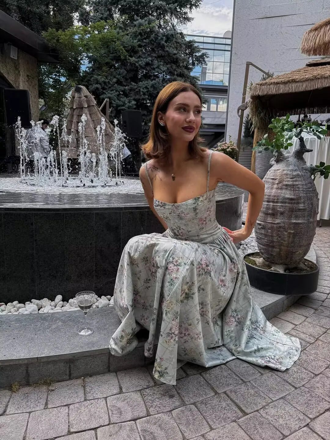 Green Floral Midi Dress Spaghetti Strap Low Waist