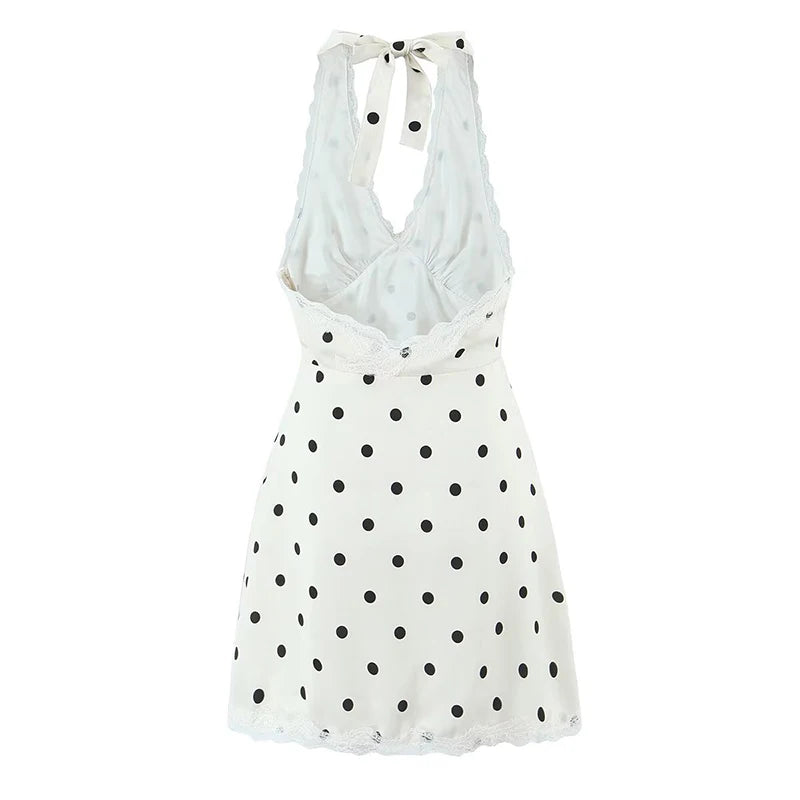 Lace Polka Dot Halter Mini Dress Backless