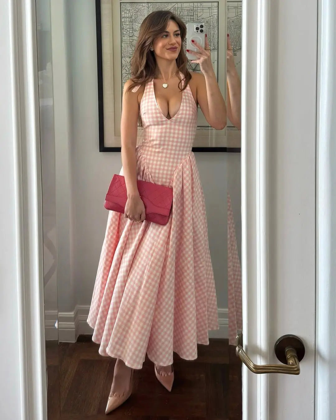 Pink Plaid Halter Dress Backless Low Waist
