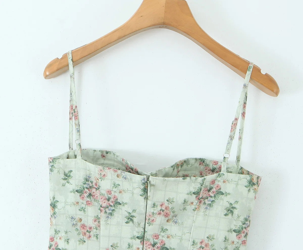 Green Floral Midi Dress Spaghetti Strap Low Waist