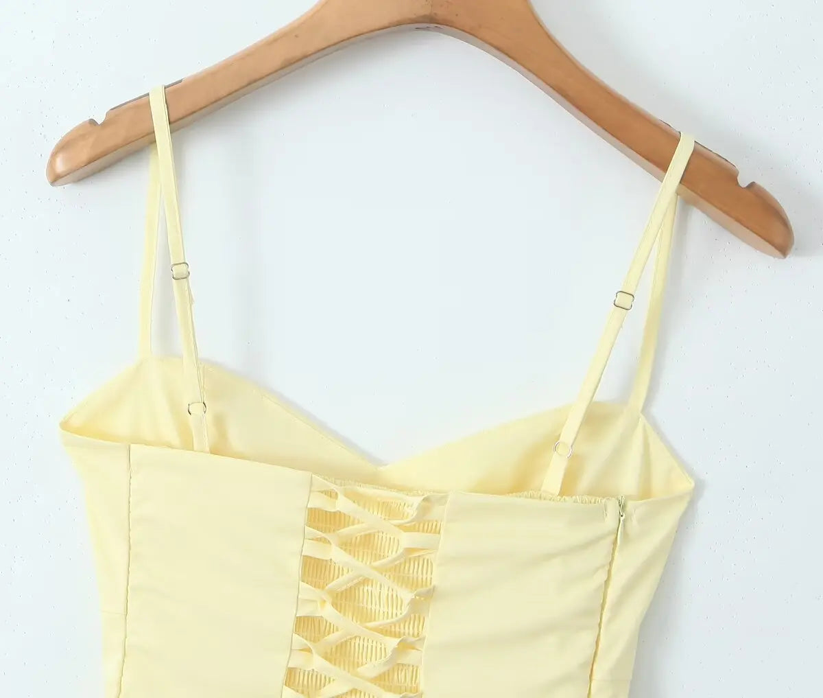 Fishbone Waist Yellow Mini Dress Lace-Up Back