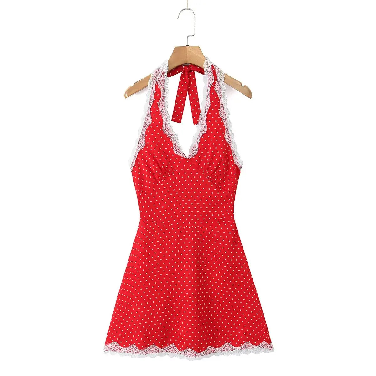 Lace Polka Dot Halter Mini Dress Backless