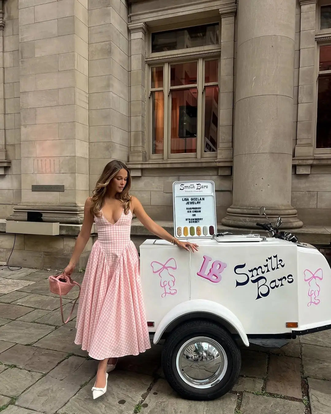 Pink Plaid Halter Dress Backless Low Waist