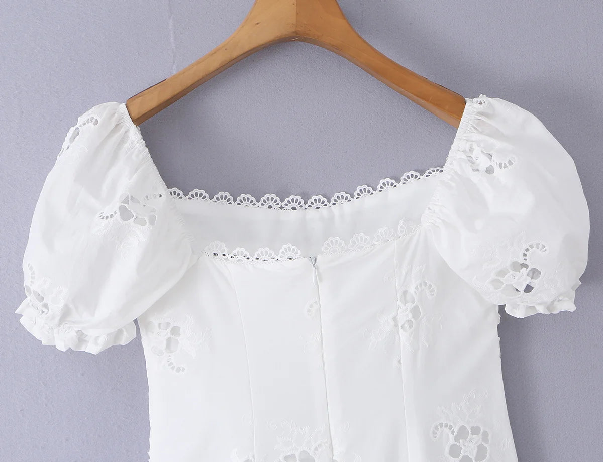 Embroidered White Mini Dress Puff Sleeve Floral