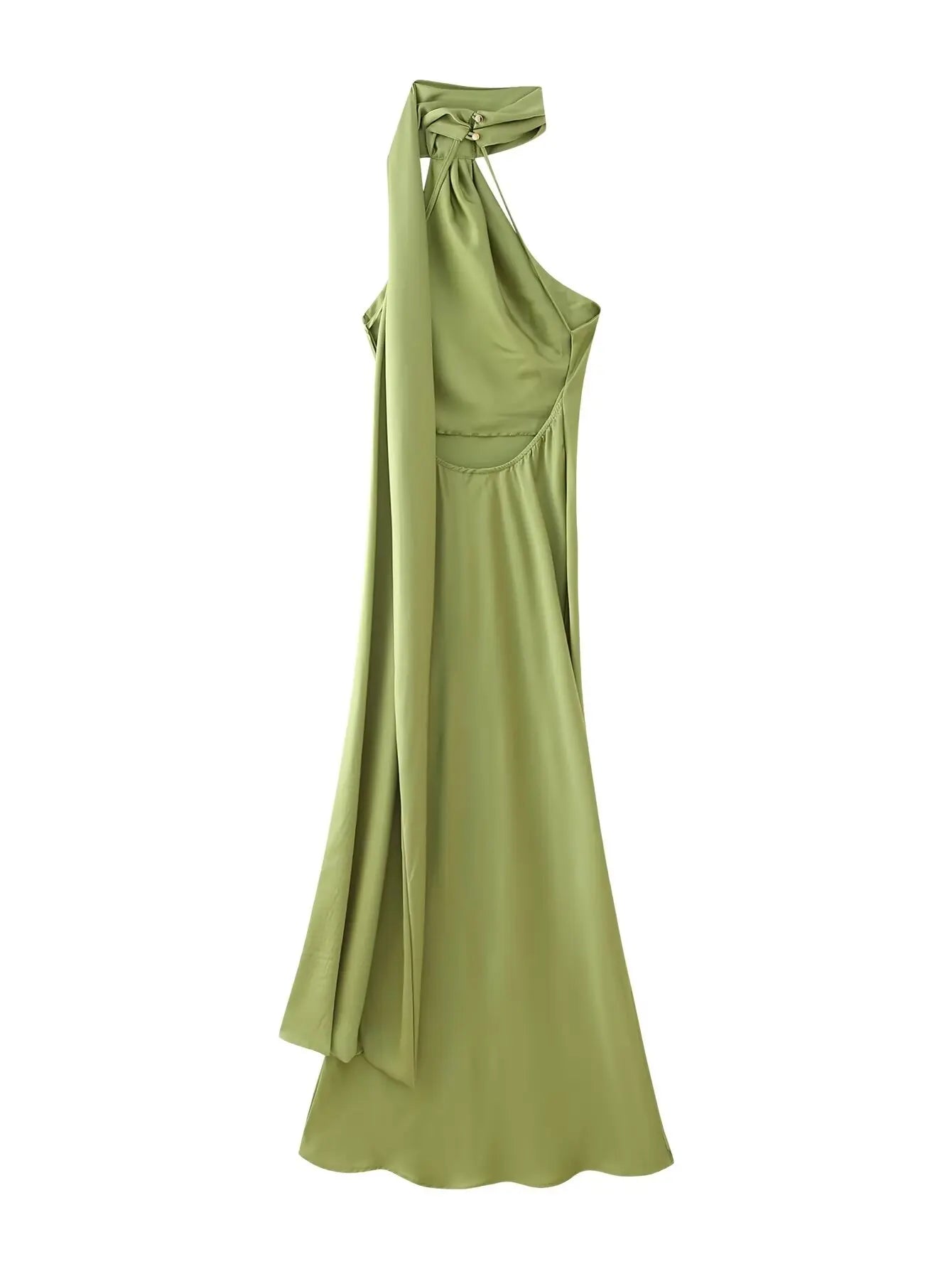Green Satin Halter Maxi Dress Backless