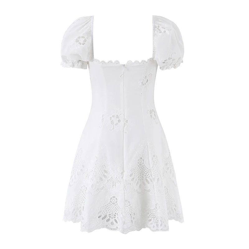 Embroidered White Mini Dress Puff Sleeve Floral