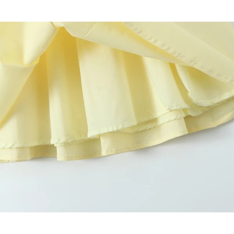 Fishbone Waist Yellow Mini Dress Lace-Up Back
