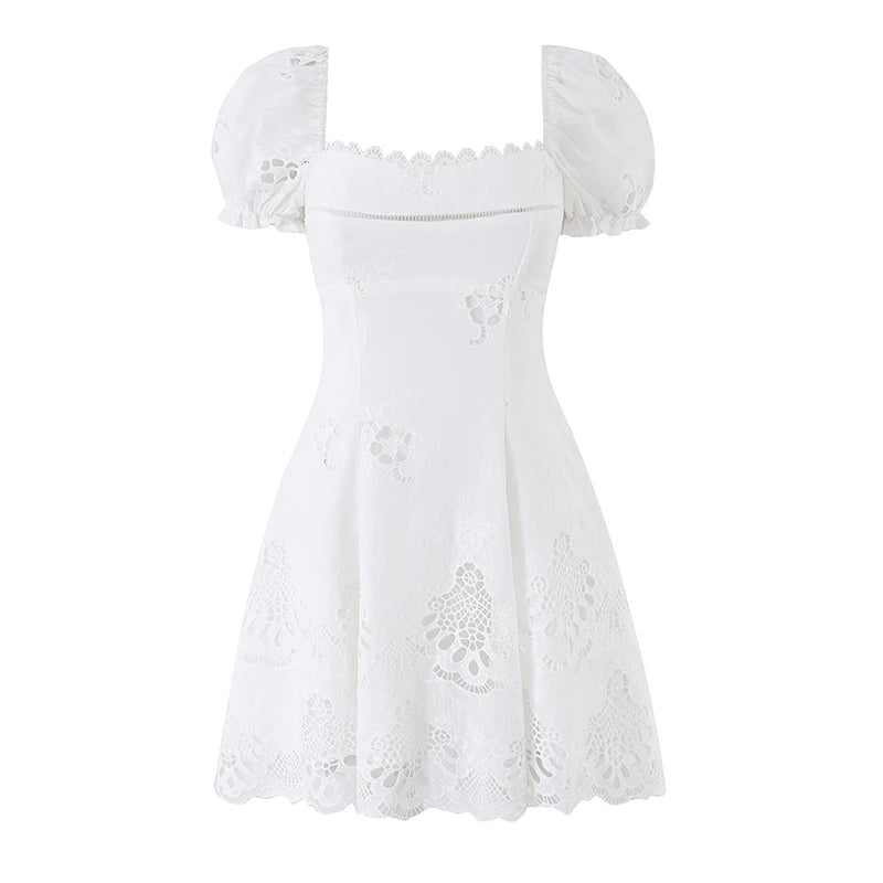 Embroidered White Mini Dress Puff Sleeve Floral