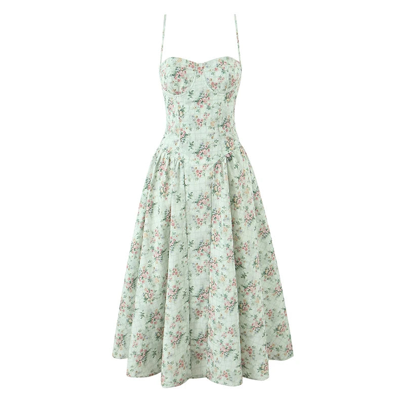 Green Floral Midi Dress Spaghetti Strap Low Waist