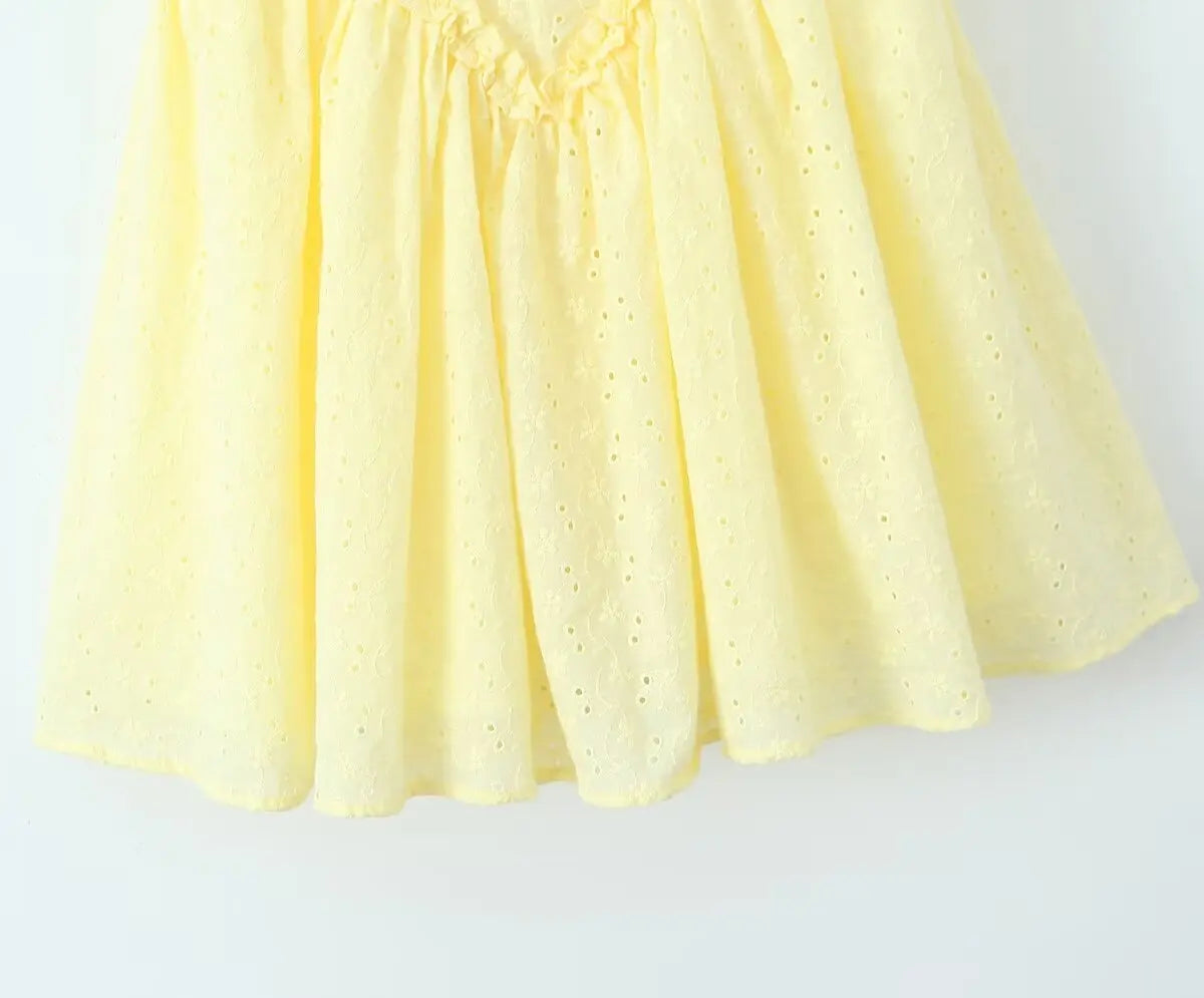 Yellow Embroidered Mini Dress Lace-Up Low Waist