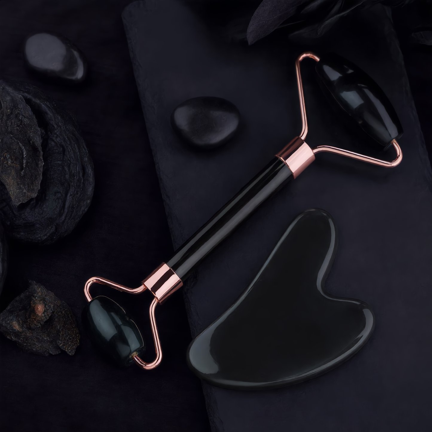 Black Obsidian Gua Sha & Roller Set – Face Sculpting